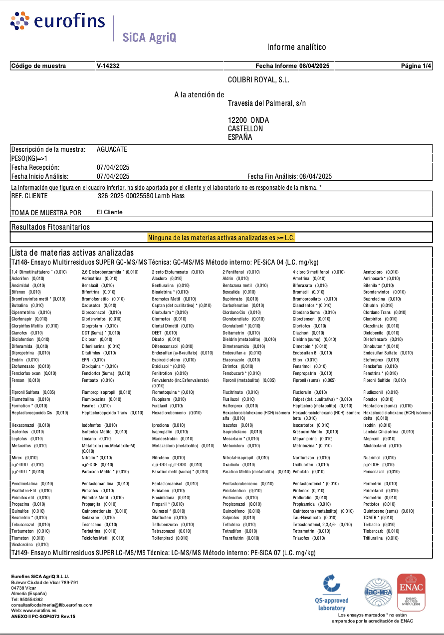 Análisis plaguicidas Aguacate Lamb Hass - Eurofins